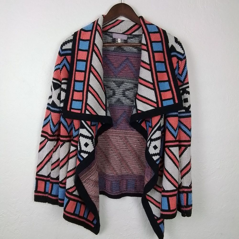 Harper Tribal Aztec‎ Open Front Cardigan Sweater Sz M Boho Waterfall Drape Knit